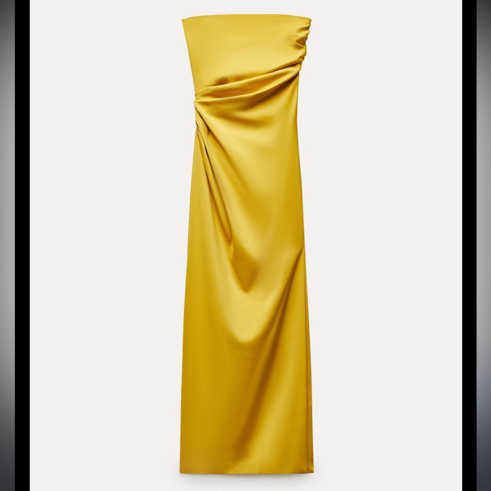 NWT ZARA Strapless Maxi Dress Sz Small Golden Yellow Side Pleats Ruched - Picture 2 of 16